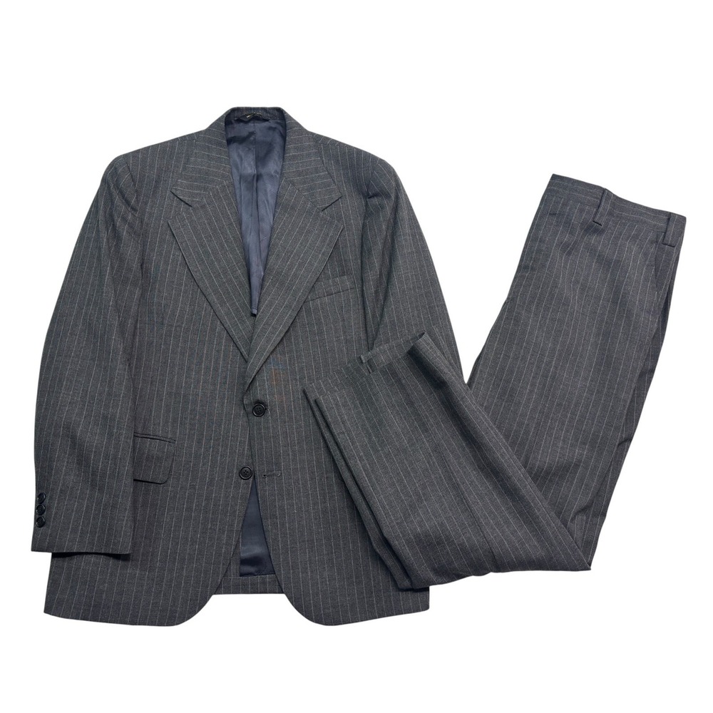vtg 70s Gray Pinstripe 40S 36x30 USA Made 2pc Pant Suit Wool Retro Classic